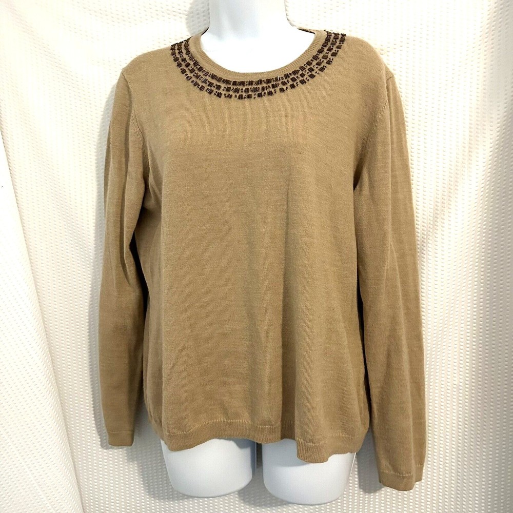 Brooks Brothers 346 Tan 100% Merino Wool Beaded Sweater Womens Size XL